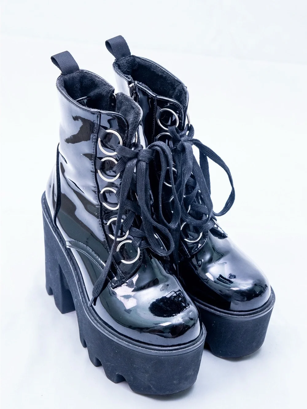 Platform Lace-Up Ankle Boots - Black
